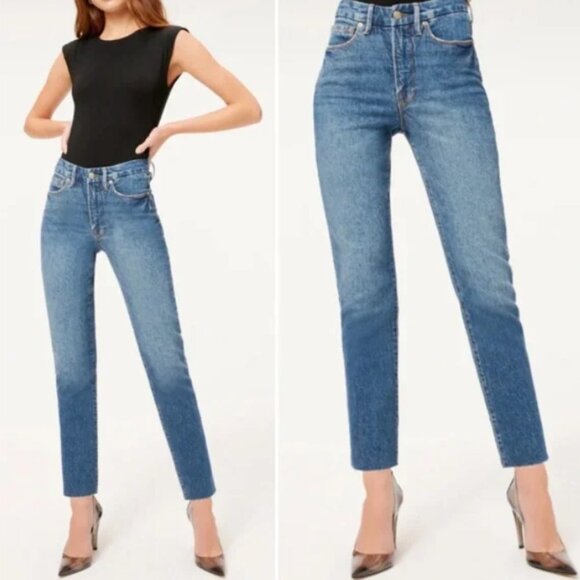 NEW GOOD AMERICAN Good Classic Raw Hem High Rise Jeans Blue940 size 25